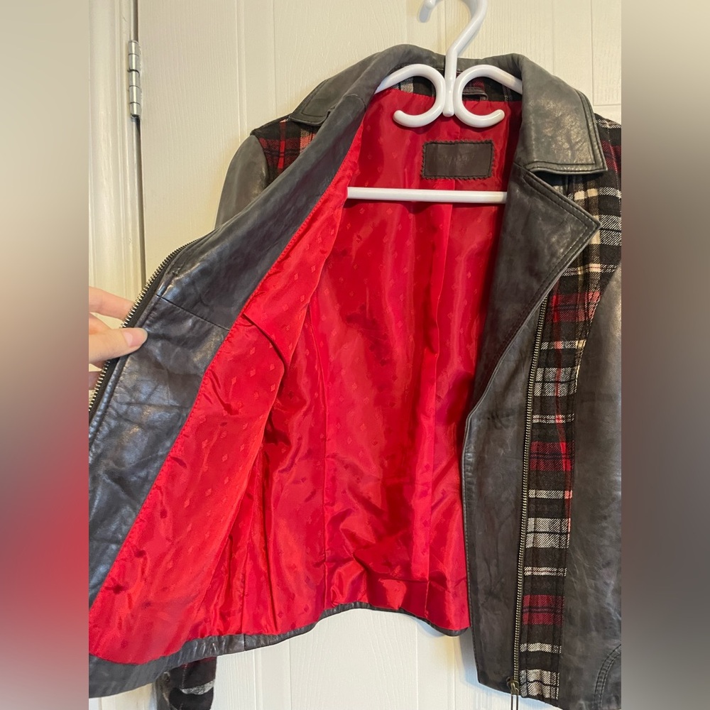 Betty Barclay Size 4 Leather & Plaid Wool Moto Jacket Mixed Media European - Picture 7 of 16